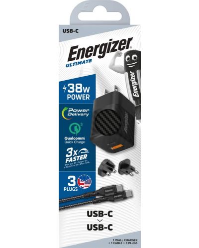 Зарядно устройство Energizer - PD Multi, USB-A/C, EU/UK/US, 38W, черно - 2